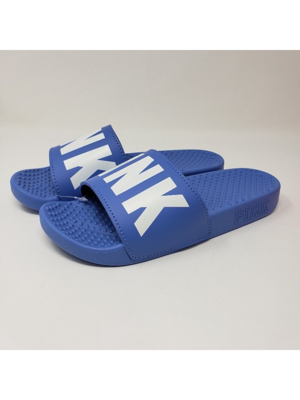 Pink Logo Blue Slide Sandals Womens Size S Rubber Slip-On